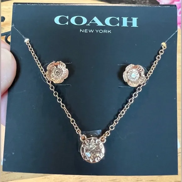 NEW Coach Open Circle Rose Gold Necklace Tea Rose Stud Earrings Set - Picture 1 of 9